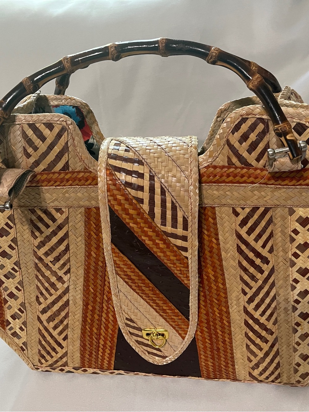 Large Handcrafted Straw Tote Bag with Bamboo Handles Natural Brown from Bahamas